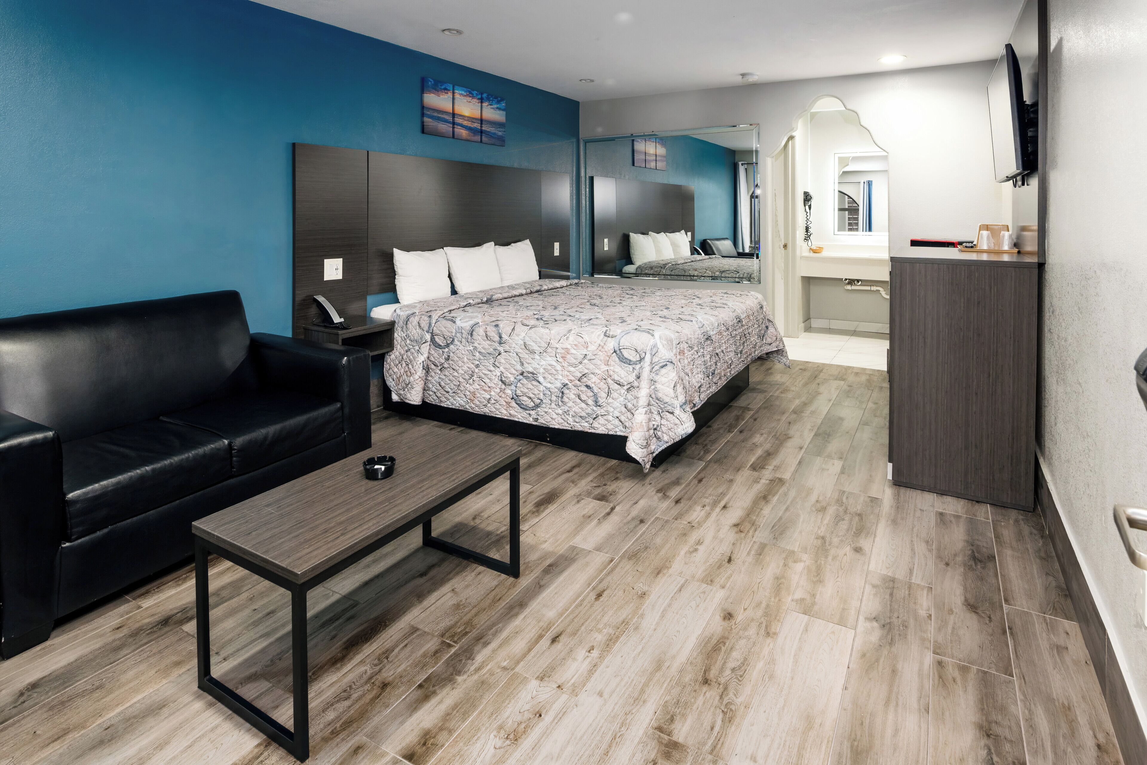 Laptop workspace, blackout curtains, soundproofing, iron/ironing board