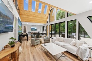 Smart TV, fireplace, video games, DVD player