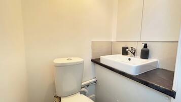 A modern bathroom with a white toilet, a sink with a black soap dispenser, and a mirror above the sink.