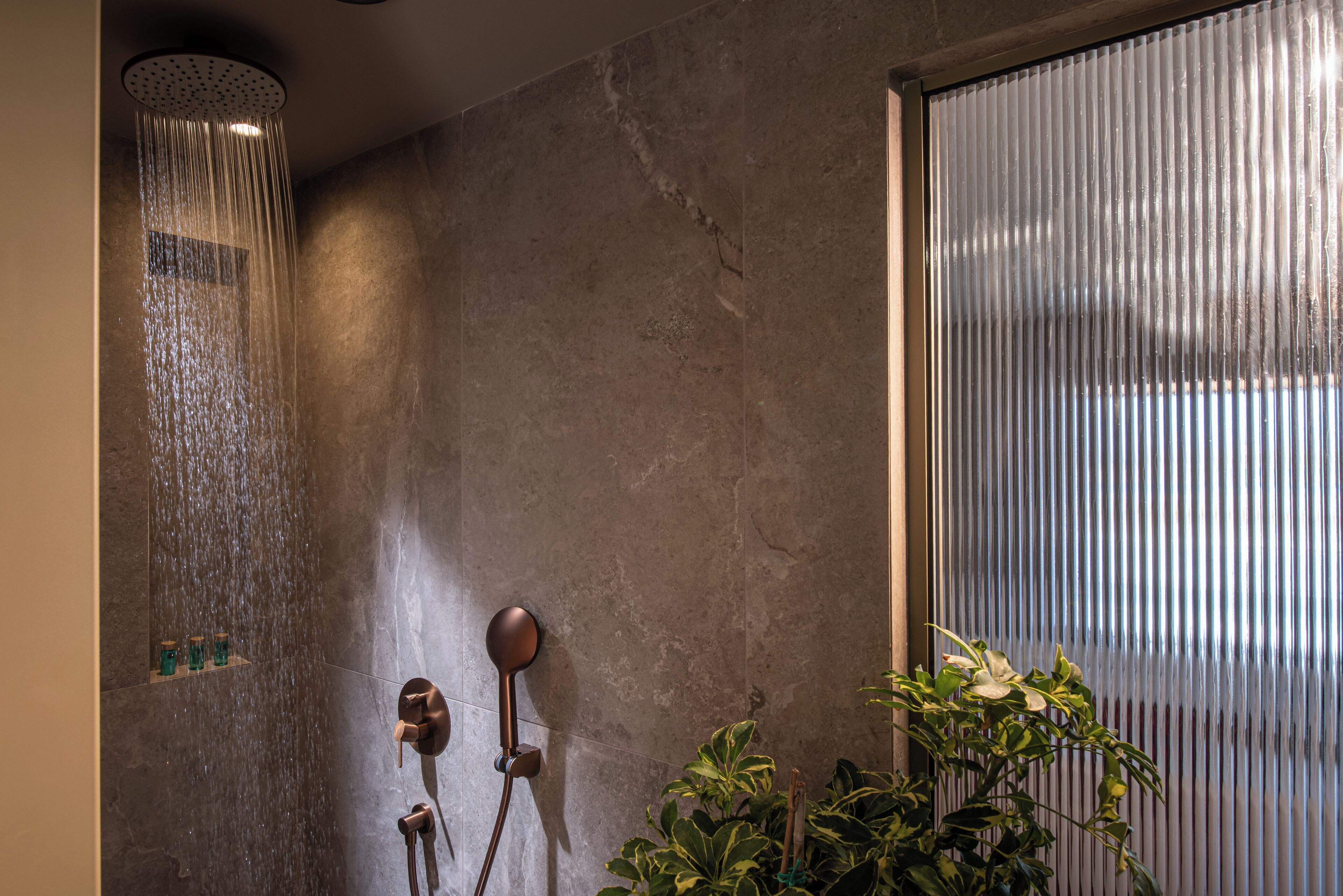 A shower with a rain-like water feature, a wall-mounted towel rack, and a potted plant.