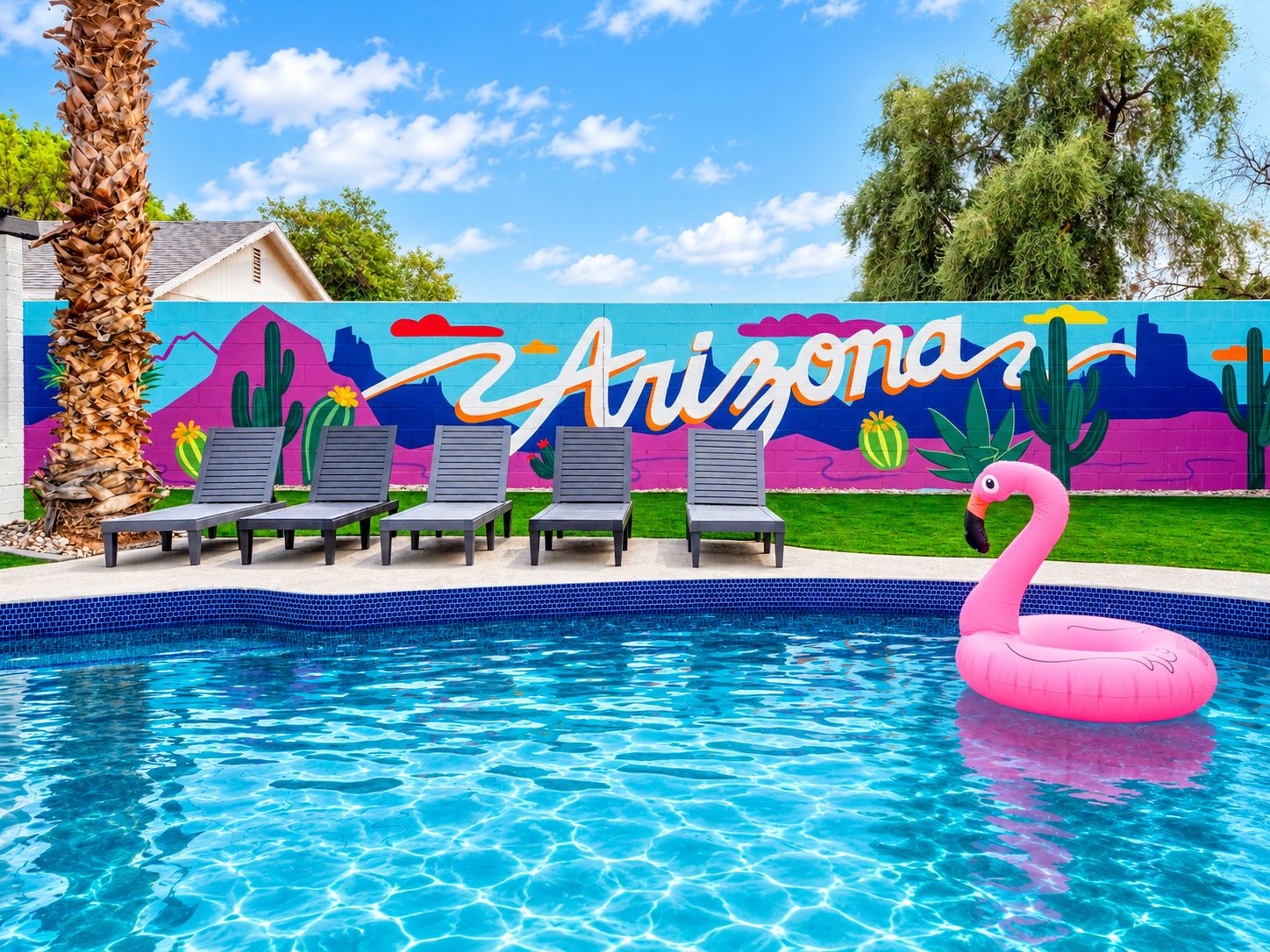 A swimming pool with lounge chairs and a flamingo float, surrounded by a mural with the word 'Arizona' and desert-themed artwork.