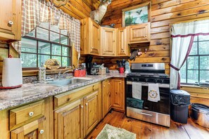 Fridge, microwave, stovetop, coffee/tea maker - 35 Mi to Acadia: Rustic Retreat in Orland! (Orland)