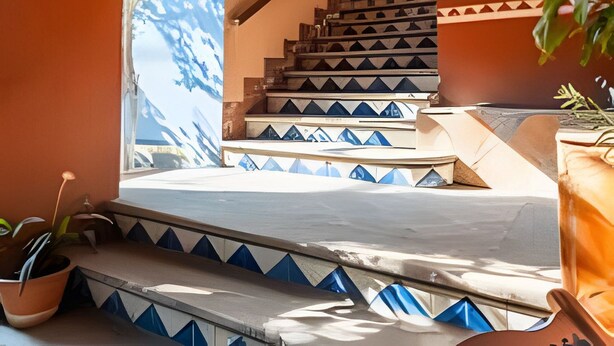 A staircase with geometric patterned steps, a circular wall decoration, and a potted plant.