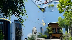 A courtyard with a glass ceiling, surrounded by buildings with blue and yellow walls, and various potted plants.