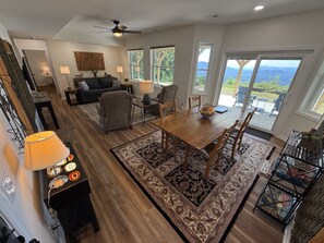 TV, fireplace, books