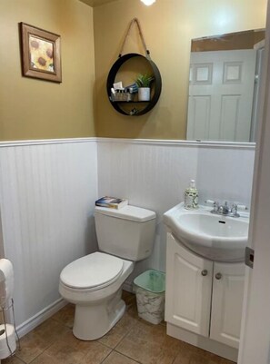 Hair dryer, towels, soap, shampoo