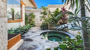 Une cour avec un chemin de pierre, une petite piscine et diverses plantes tropicales.