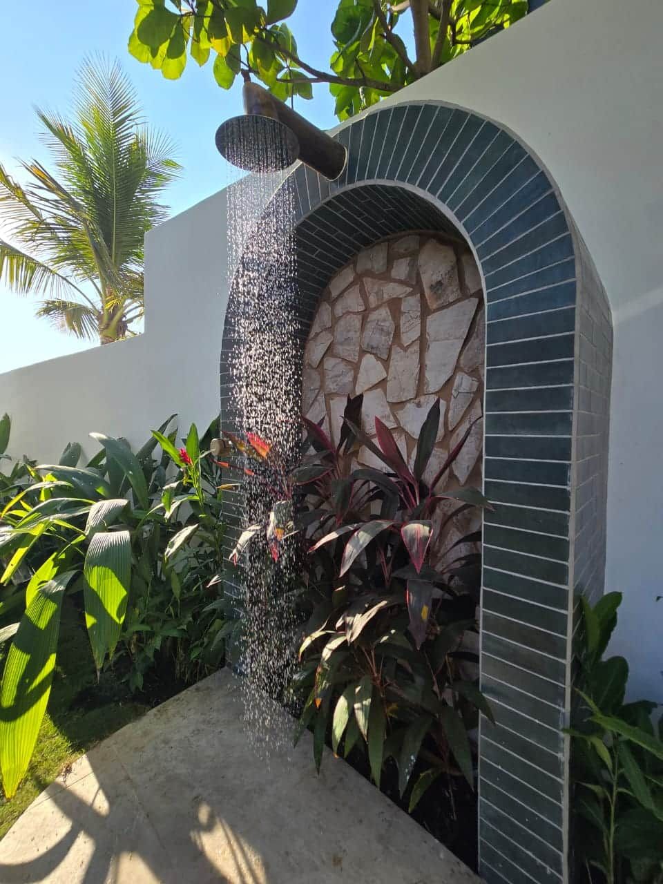 A water feature with a stone wall and plants.