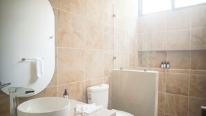 A modern bathroom with a large round sink, a toilet, and a shower area. - Selanna 2 Luna Creciente (El Paredon)