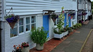 Een rij witte gebouwen met blauwe deuren, elk met bloembakken en potplanten op het trottoir.