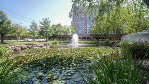 Un étang orné de nénuphars et doté d’une fontaine, entouré d’arbres, avec un bâtiment visible au loin.