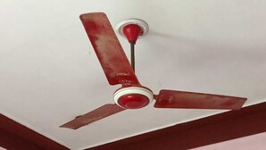 Un ventilador de techo con tres aspas y una lámpara roja.