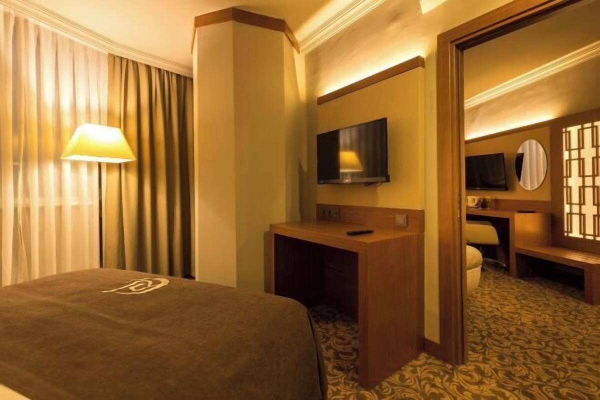 Habitación de hotel con cama, escritorio, televisor y espejo.