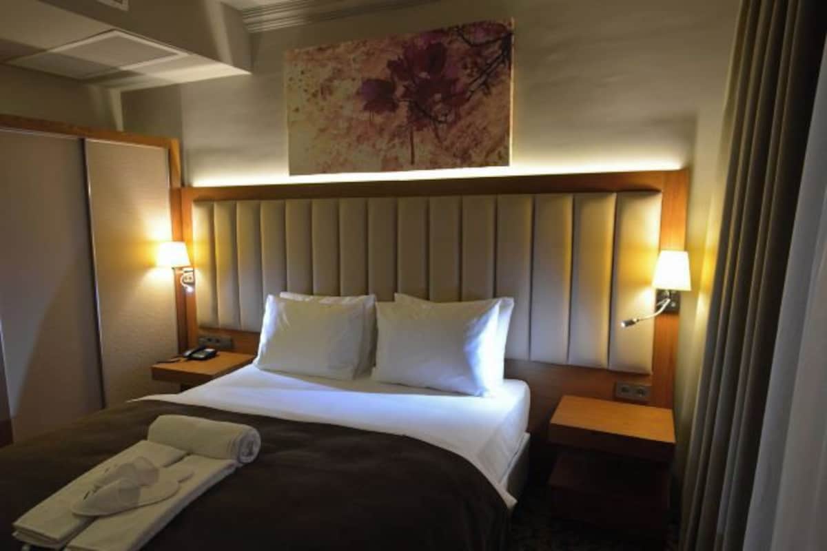A hotel room with a large bed, two bedside tables, a nightstand, and a wall-mounted artwork.