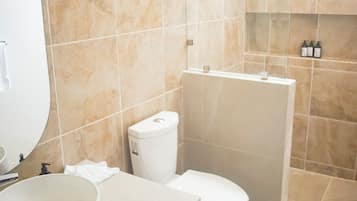 Hair dryer, towels, soap, shampoo