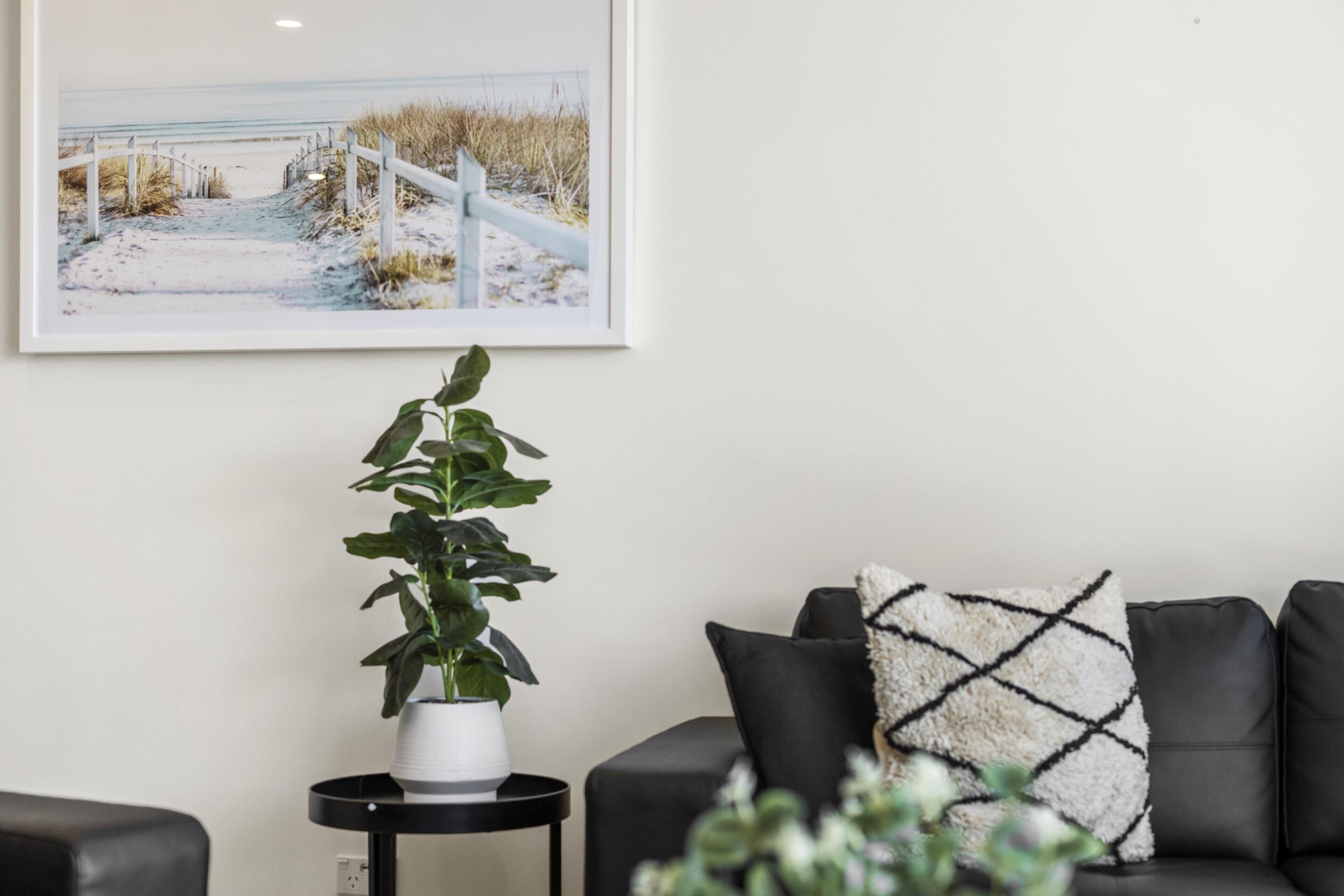Un salon décoré d’un tableau représentant une scène de plage, d’une plante en pot et d’un canapé en cuir noir agrémenté d’un coussin à motifs.