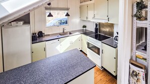 A compact kitchen with white cabinets, a black countertop, a window, and a skylight. - Lovely home in Grenaa with sauna (Grenaa)