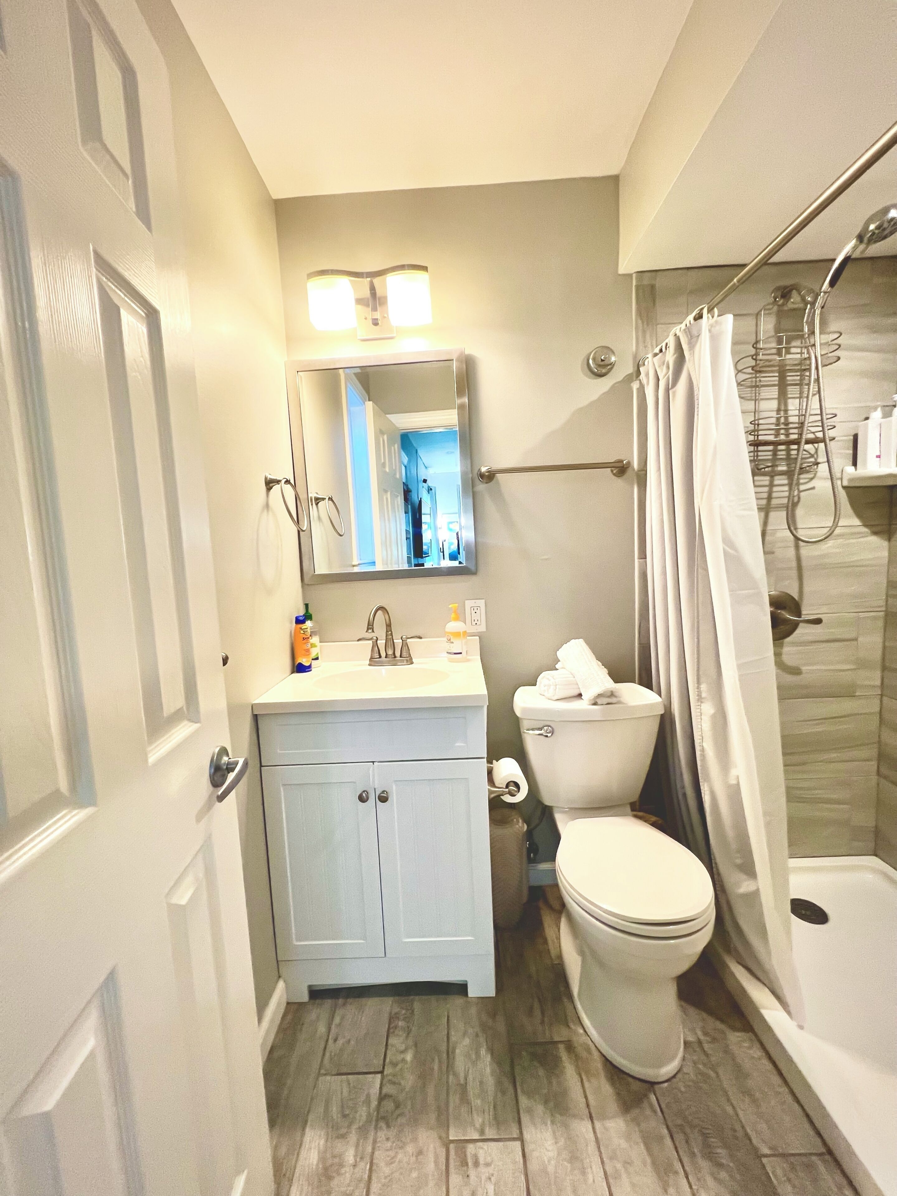 Hair dryer, towels, soap, shampoo