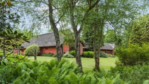 A traditional red building with a thatched roof, surrounded by lush greenery and ferns. - 5 bedroom cozy home in ørsted (Ørsted)