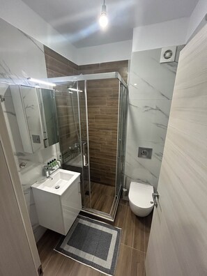 Dusche, Haartrockner, Handtücher, Seife