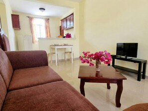 Ein Wohnzimmer mit braunem Sofa, einem kleinen Tisch mit Blumenvase, einem Fernseher auf einem Standfuß und einer Küche im Hintergrund.