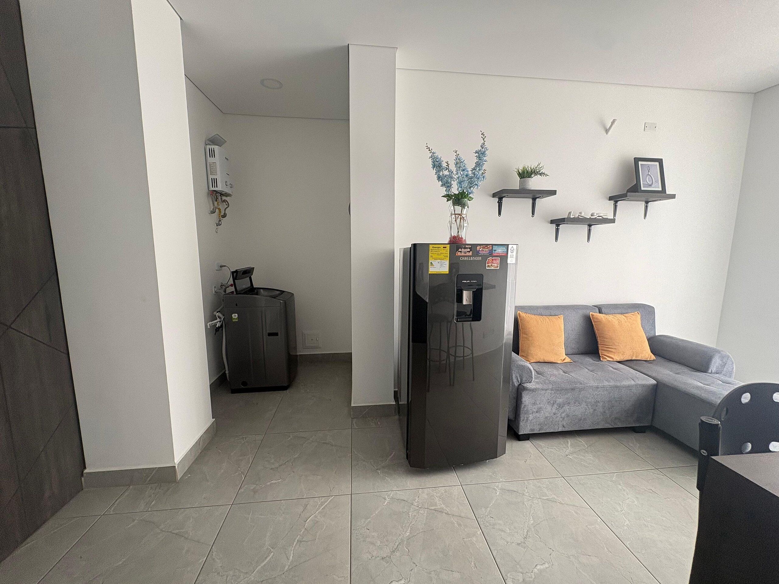 En moderne stue med en grå sofa, et sort køleskab, et lille bord og et gråt skab.