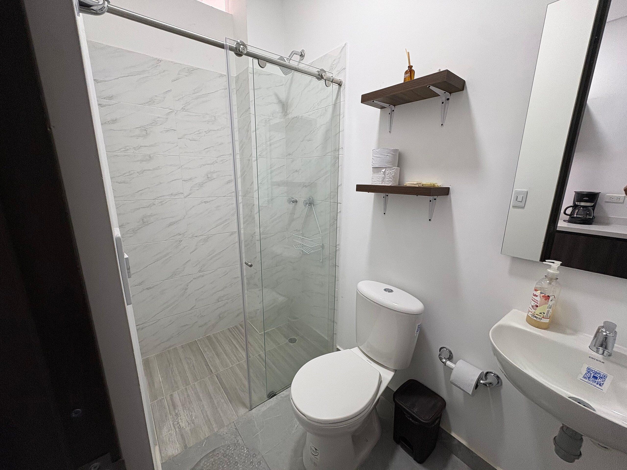 Une salle de bain avec une douche à parois de verre, des toilettes, un lavabo avec un distributeur de savon et un miroir.