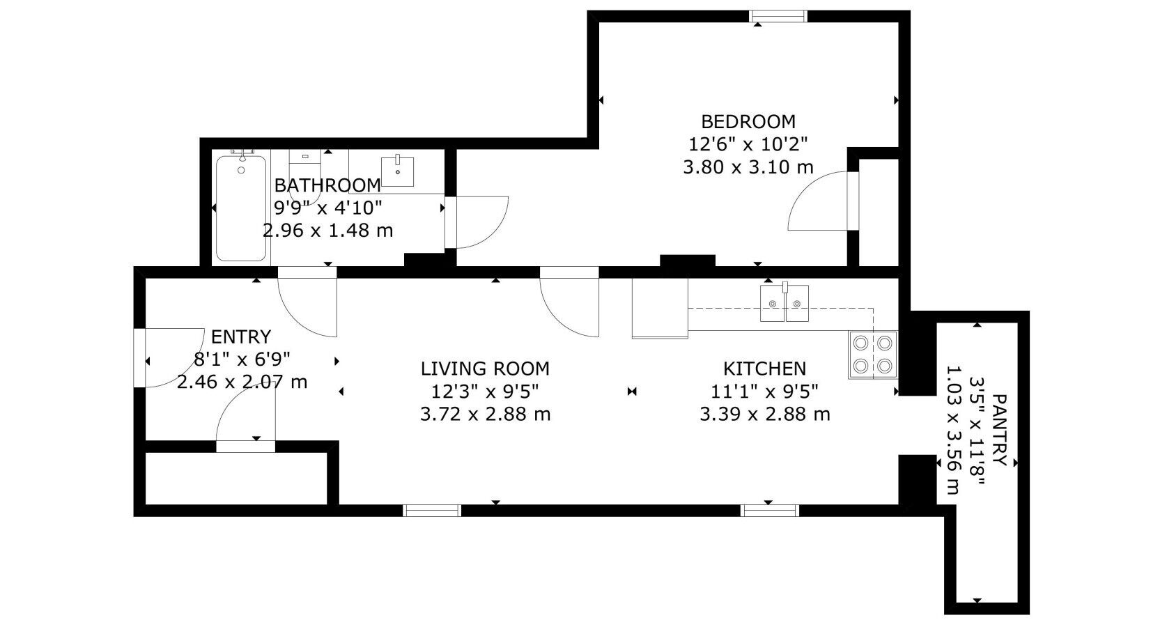 A floor plan of a house with a bedroom, bathroom, living room, kitchen, entry, and pantry.