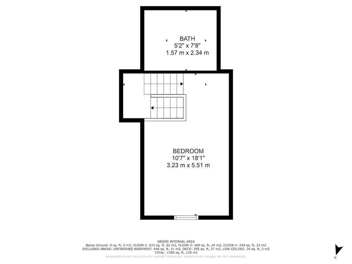 A floor plan of a 2-story building with a bathroom measuring 5'2" x 7'8" and a bedroom measuring 10'7" x 18'1".
