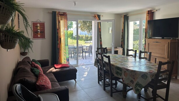 A dining area with a table and chairs, a television on a cabinet, and a sofa with cushions.