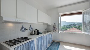 A kitchen with a gas stove, white cabinets, a window with a view of greenery, and a blue patterned rug. - Villa 'Chiara' with Mountain View and Private Terrace (Lumarzo)