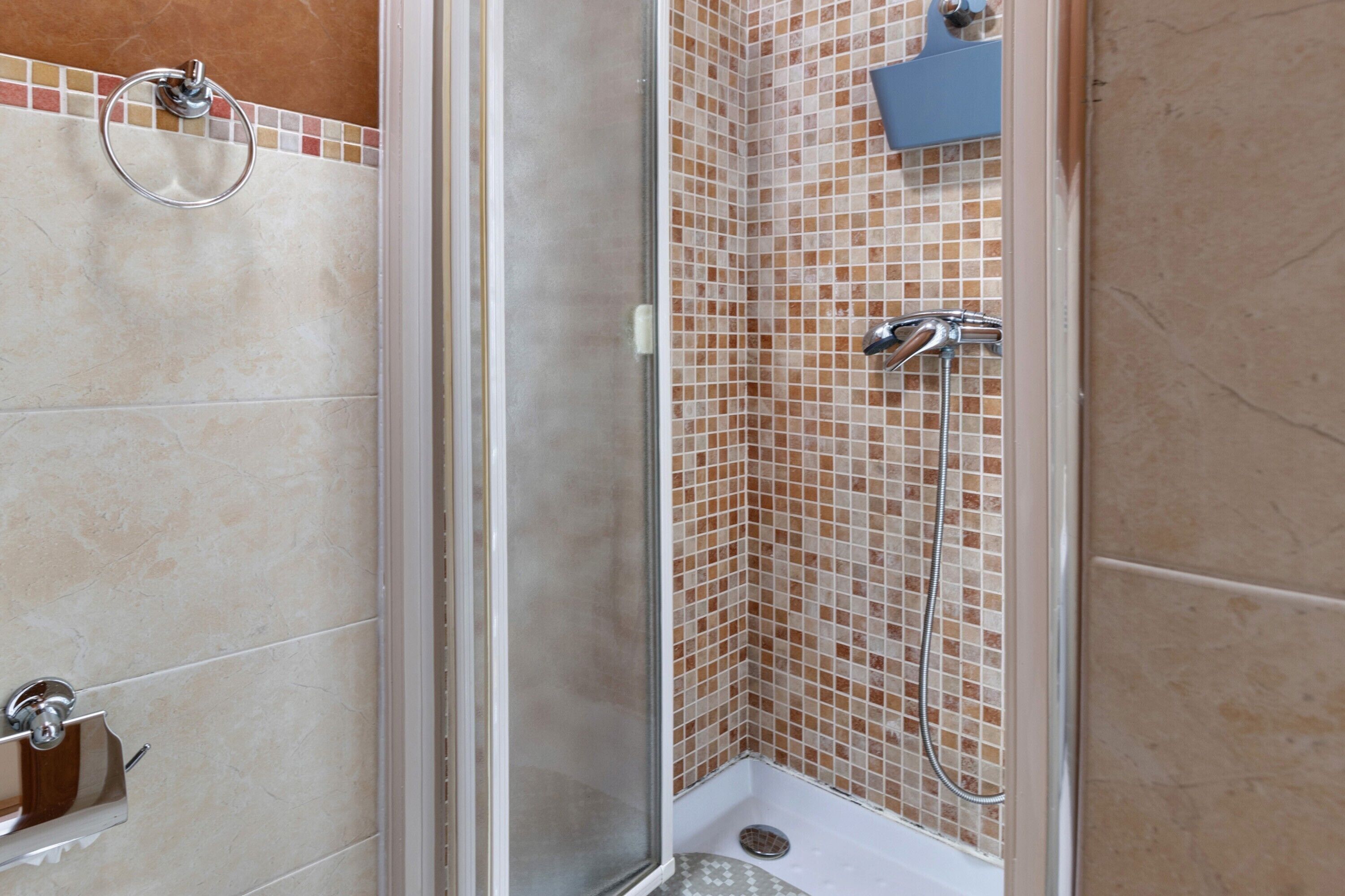 Un espace douche doté d’une porte en verre, d’un porte-serviettes et d’un pommeau de douche.
