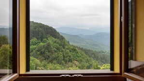 Una ventana con vistas a una cadena montañosa boscosa.