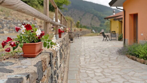 Ein Steinweg führt zu einem Gebäude mit Holzgeländer und Blumentöpfen.