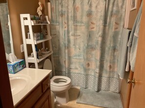 A bathroom with a toilet, a sink, a shelf with toiletries, and a shower curtain with a nature pattern. - 1 night or more. A Charming 3-bedroom-Spacious, Quiet, Comfortable Home (Lawrence)