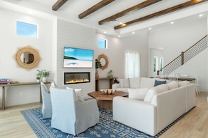 Smart TV, fireplace, books