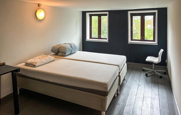 A bedroom with two beds, a desk, and two windows.