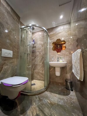 Hair dryer, bidet, towels, soap