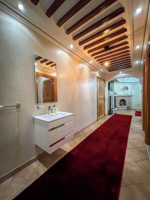 Hair dryer, bidet, towels, soap