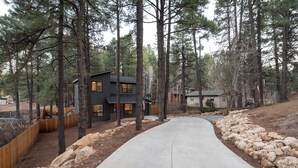 A modern two-story house with a concrete driveway, surrounded by tall pine trees and a wooden fence. - Outdoor Entertainment, Hot Tub, Modern, Quiet (Flagstaff)