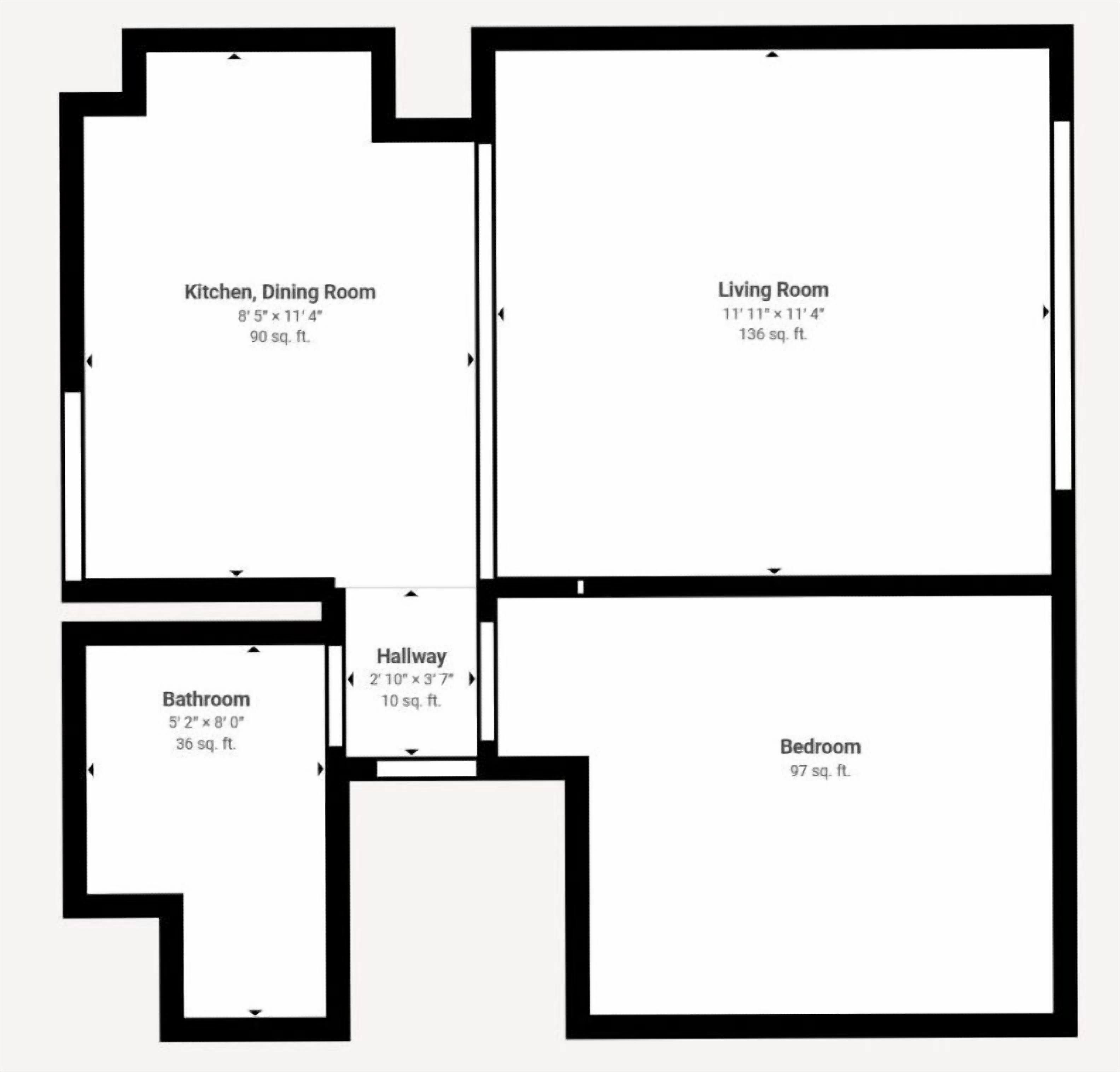 Plattegrond met keuken, eetkamer (ruimte van 8,4 m²), woonkamer (ruimte van 12,6 m²), badkamer (ruimte van 3,3 m²), slaapkamer (ruimte van 9 m²) en gang (ruimte van 0,9 m²).