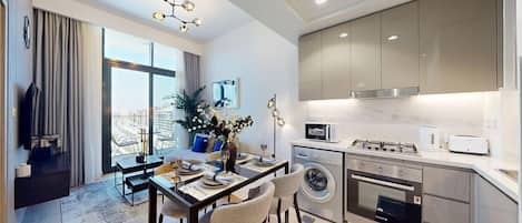Fridge, microwave, oven, stovetop