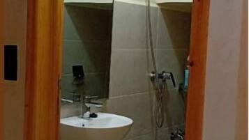 Shower, towels, toilet paper