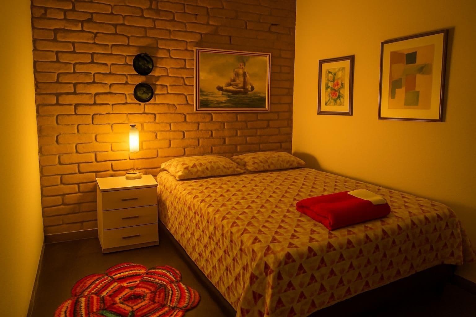 Un dormitorio con pared de ladrillo, una cama con colcha estampada, una mesita de noche con lámpara y dos cuadros en la pared.