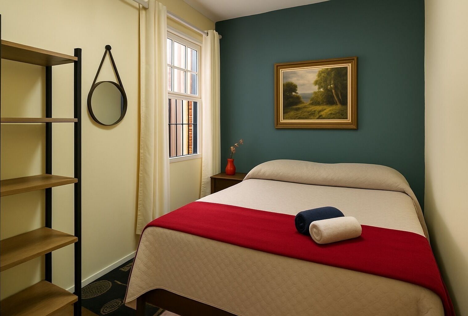 A neatly arranged bedroom with a bed, a shelf unit, a window with curtains, and a framed painting on the wall.