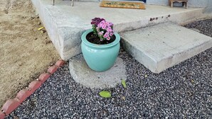 Une maison avec une porte bleu foncé, un petit porche doté d’un paillasson, une chaise en bois et une plante en pot.