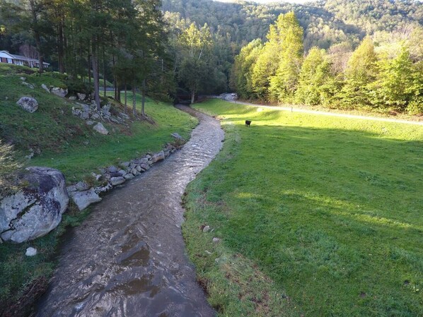 Un paisaje rural con un arroyo, campos cubiertos de hierba y una casa al fondo.