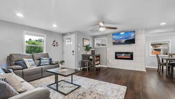 Smart TV, fireplace, video games, DVD player