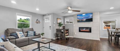 Smart TV, fireplace, video games, DVD player