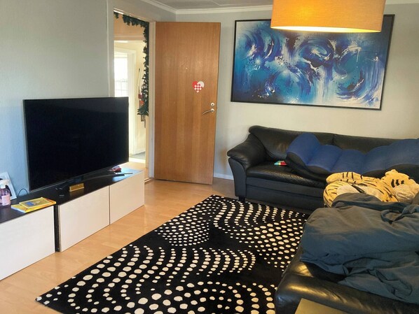 A living room with a flat-screen TV on a stand, a black sofa with blue cushions, a black and white patterned rug, and a large abstract painting on the wall.